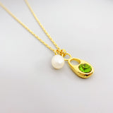 Elegant Droplet Shaped Inlaid with Emerald and Freshwater Pearl Golden Pendant Necklace