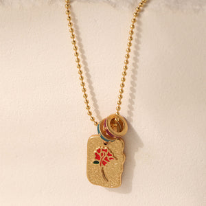 Hand Drawn Double Sided  Rose & Horse Enamel Glaze Pendant Necklace