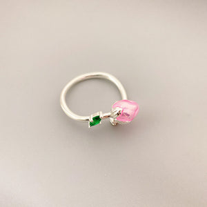 Hand Drawn Pink Enamel Glaze Flower Bud Opening Ring