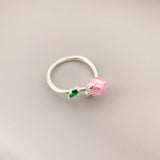 Hand Drawn Pink Enamel Glaze Flower Bud Opening Ring