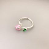 Hand Drawn Pink Enamel Glaze Flower Bud Opening Ring