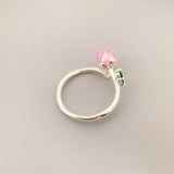 Hand Drawn Pink Enamel Glaze Flower Bud Opening Ring