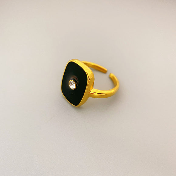 Square Black Enamel Inlaid with Zircon Opening Resizable Ring