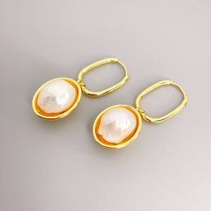 Vintage U Shaped Hoop with Irregular Baroque Freshwater Pearl Pendant Earrings