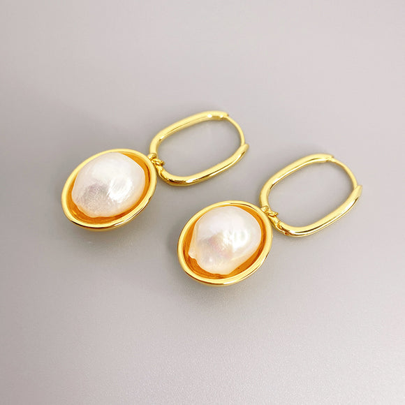 Vintage U Shaped Hoop with Irregular Baroque Freshwater Pearl Pendant Earrings