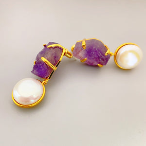 Inlaid Freshwater Cultured Pearls & Natural Crystal 925 Sterling Silver Post Earrings