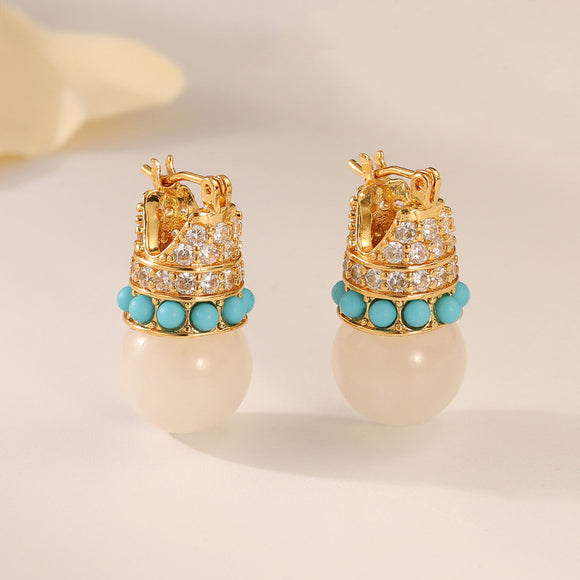 Natural Turquoise & Jade Inlaid Crown Shaped Earrings Ear Clasp