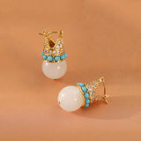 Natural Turquoise & Jade Inlaid Crown Shaped Earrings Ear Clasp