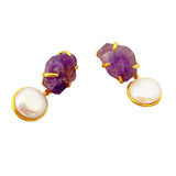 Inlaid Freshwater Cultured Pearls & Natural Crystal 925 Sterling Silver Post Earrings