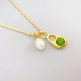 Elegant Droplet Shaped Inlaid with Emerald and Freshwater Pearl Golden Pendant Necklace