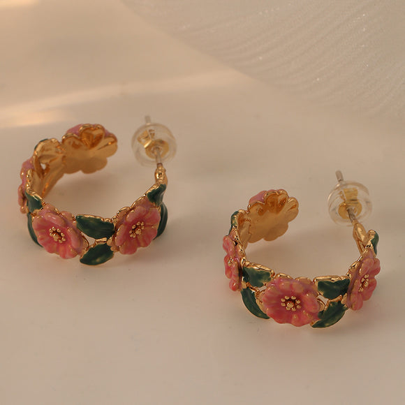 Hand Drawn Enamel Glaze Camellia Wreath Earrings
