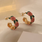 Hand Drawn Enamel Glaze Camellia Wreath Earrings