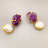 Inlaid Freshwater Cultured Pearls & Natural Crystal 925 Sterling Silver Post Earrings