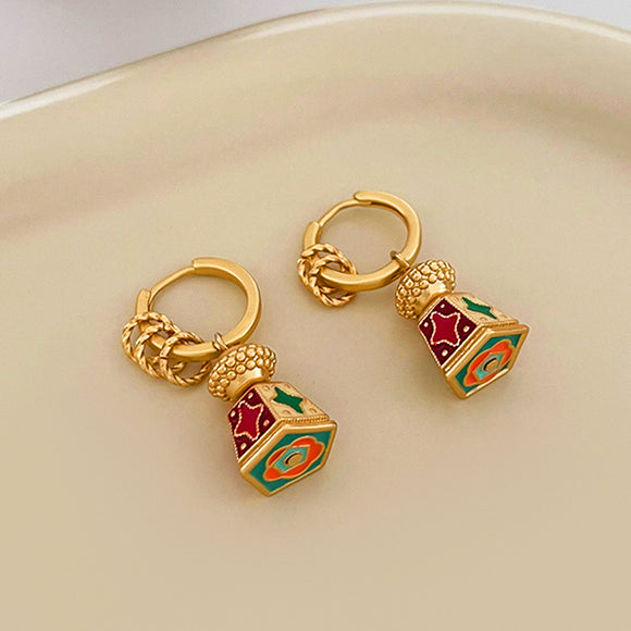 Hand Drawn Colorful Enamel Glaze Pendant Hoop Earrings