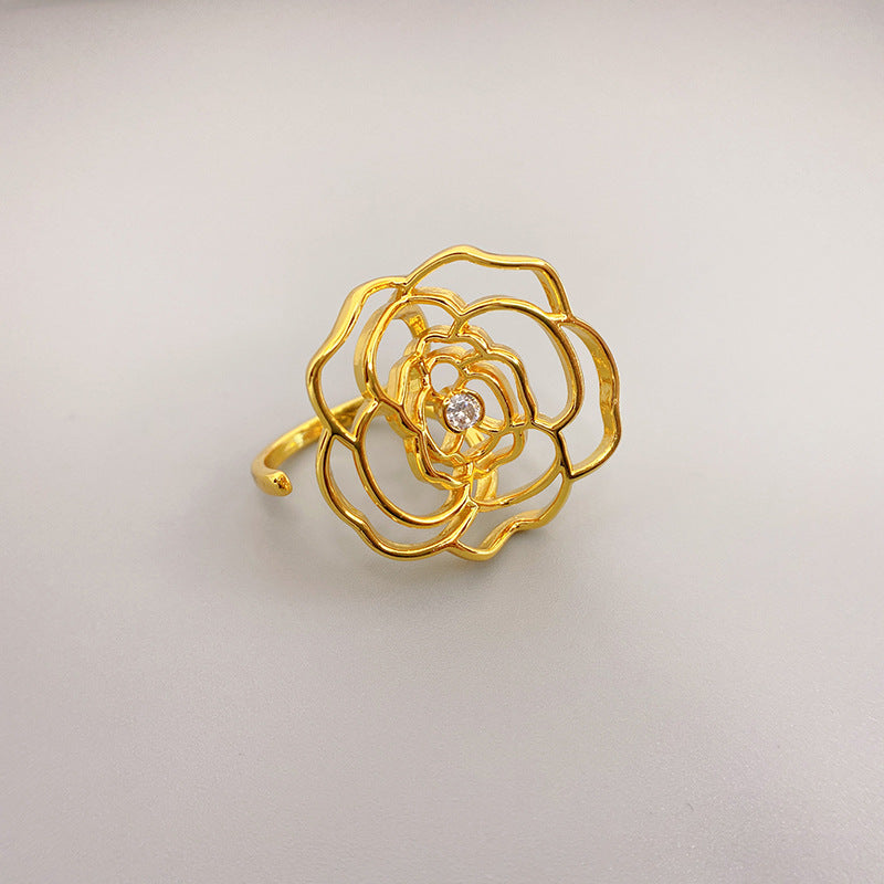Trendy Hollowed Out Camellia Inlaid with Zircon 18k Gold