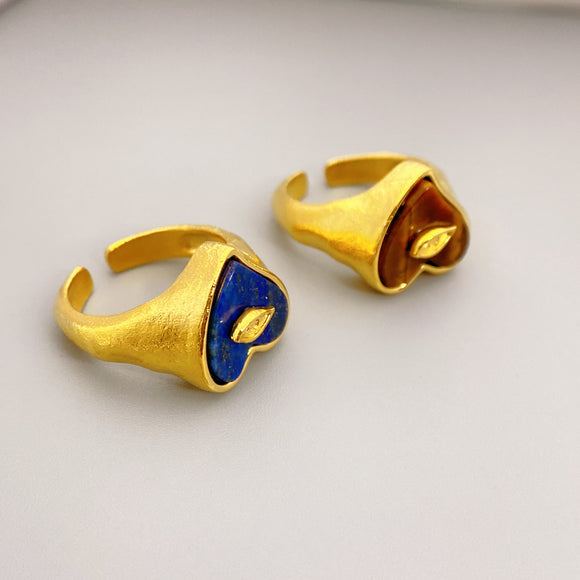 Inlaid Heart Shaped Tiger Eye Stone Lapis Lazuli Golden Opening Resizable Ring