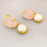 Inlaid Freshwater Cultured Pearls & Natural Crystal 925 Sterling Silver Post Earrings