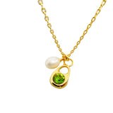 Elegant Droplet Shaped Inlaid with Emerald and Freshwater Pearl Golden Pendant Necklace