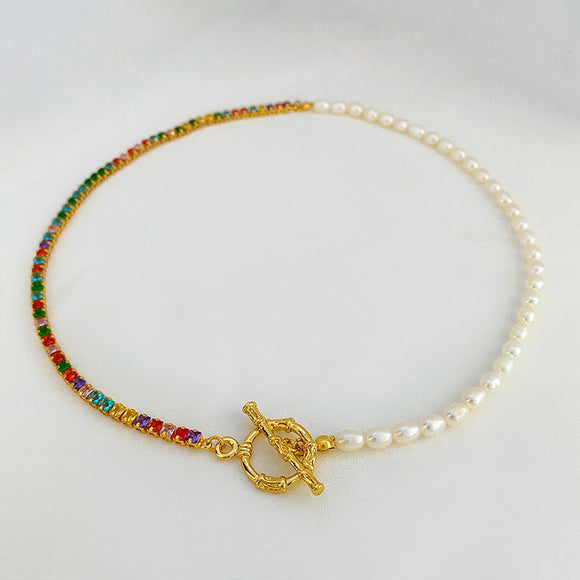 Freshwater Pearl & Colorful Zircon Combined Vintage Style Necklace